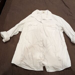 Flaw-Coldwater Creek White Button-Up Shirt Tunic Roll Tab Sleeves Sz 18